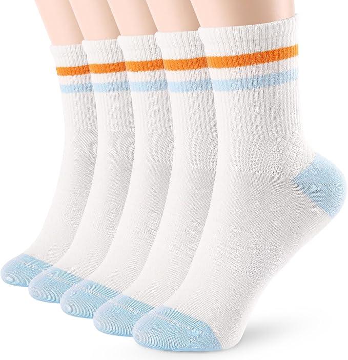 FGZ Womens Crew Socks Solid Color Two Stripe Casusl Socks for Women and Girls,5 Pairs