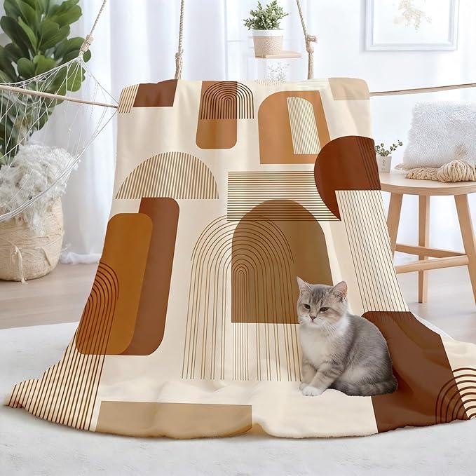 Mid Century Modern Blanket for Bed, Striped Geometric Throw Blankets for Couch, Arch Line Abstract Fleece Blankets, Minimalist Neutral Comfort Blanket, Lightweight Soft Cozy for Fall Winter 78"x75"