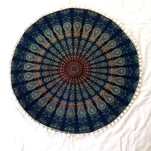 22" Blue Mandala Barmeri Round Floor Pillow Cover Cushion Meditation Seating Ottoman Throw Cover Hippie Decorative Zipped Bohemian Pouf Pom Pom Pillow Case