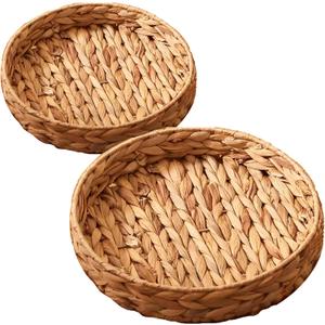 2Pcs Round Wicker Basket Tray, Large Woven Trays for Coffee Table Decor, Natural Water Hyacinth Serving Trays for Decor and Organization