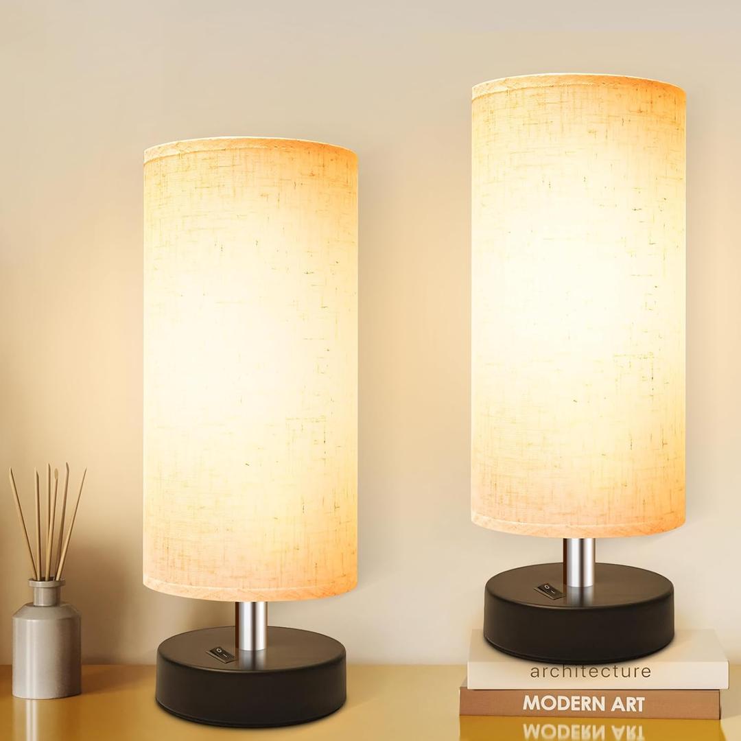DEGNJU Small Lamp for Bedroom, Bedside Lamps for Night Stands, Mini Minimalist Table Lamp with Round Flaxen Fabric Shade, 11.8 Inch Desk Reading Lamp for Dorm Room Living Room Office Room, 2 Pack