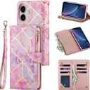 UEEBAI Wallet Case for iPhone 16, PU Leather Wallet Magnetic Closure Handbag Zipper Pocket Cover Kickstand Card Slots with Hand Strap Marple Flip Case for Women - Pink Purple