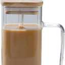 Glass Mug with Lid and Straw Iced Coffee Cup with Handle Square Drinking Glasses Tumbler Cups for Smoothie Juice (Clear)