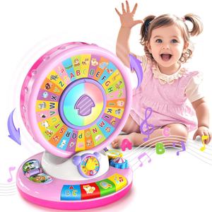 Learning Toy for 1 2 3 Year Old Girls, Spin and Sing Alphabet Zoo with Sounds, Interactive Educational Toys for Toddlers 1-3, Christmas 1st Birthday Gifts for Baby Girls Boys 9-12-18 Months (Pink)