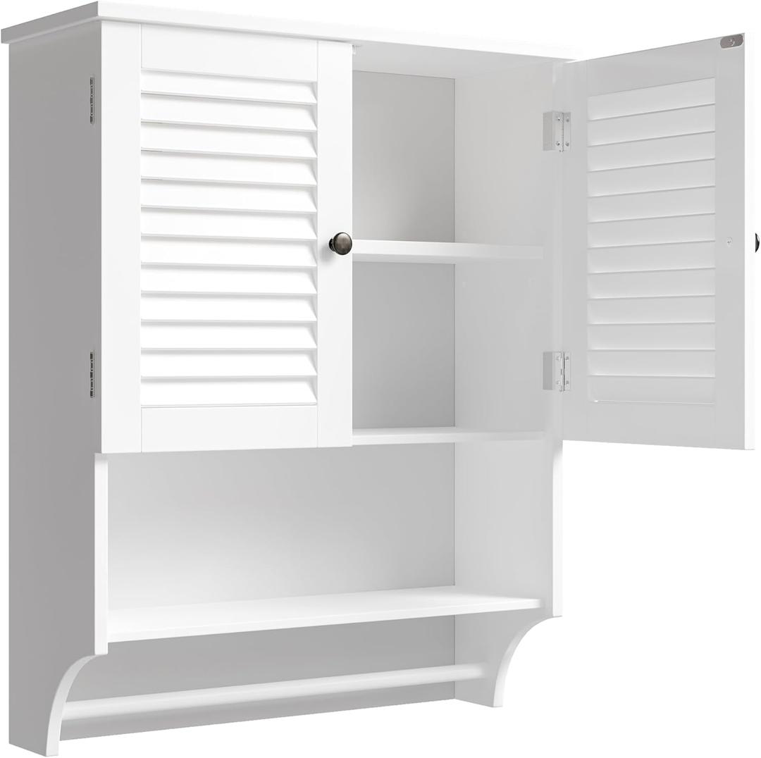 ChooChoo Medicine Cabinet with Towels Bar, 23.6" L x 8.8" W x 29.5" H MDF Material Bathroom Wall Cabinet, 2 Doors Over The Toilet Space Saver Storage Cabinet with Large Space, White