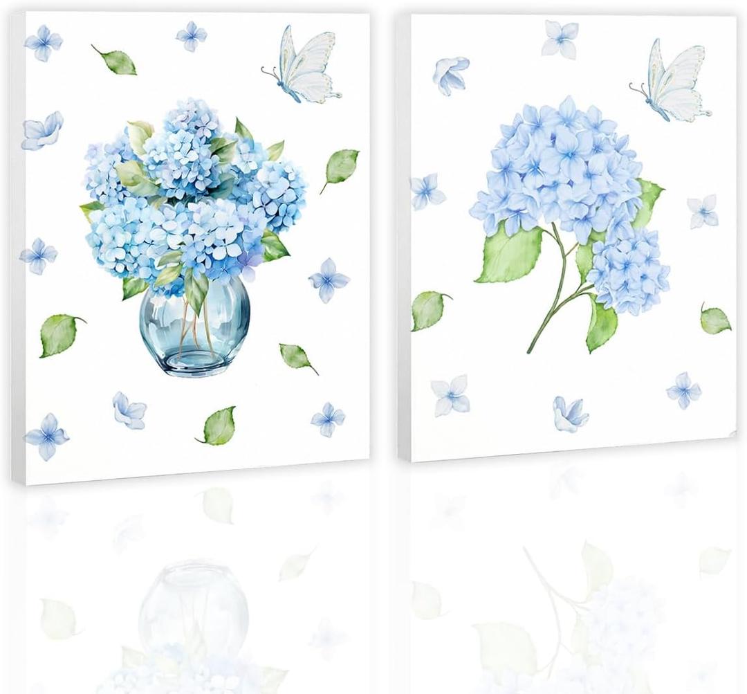 SDFBFVSA Blue Floral Canvas Painting Pictures Set of 2, Butterfly Flies In Indigo Flowers Canvas Prints Artwork for Women Friend Coworker Sister Thanksgiving Christmas Birthday Friendship Gifts