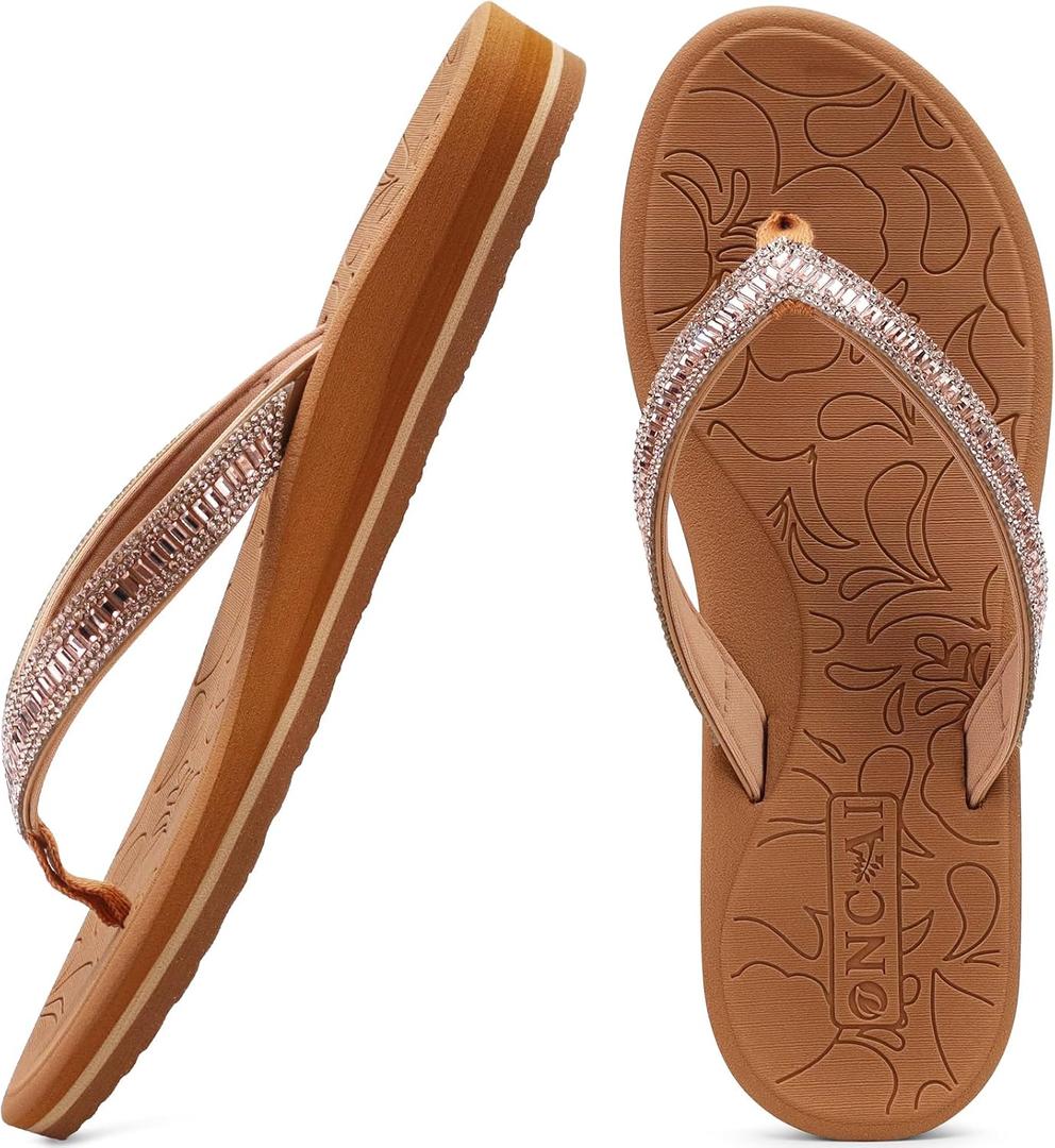 ONCAI Women's Flip Flops with Rhinestone, Arch Support Yoga Mat Comfort Walking Summer Beach Thong Sandals with Plantar Fasciitis Rubber Soles US Size 5-11 (White)