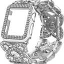 VIQIV for Bling Apple Watch Bands Series 9 8 7 6 5 4 3 SE 45mm 44mm 40mm 38mm 41mm 42mm for Women Dressy, Upgraded Starlight Stretchy Cute Bracelet with Bling Cover for iWatch Band, Diamond Rhinestone Metal Wristbands Straps (Silver)