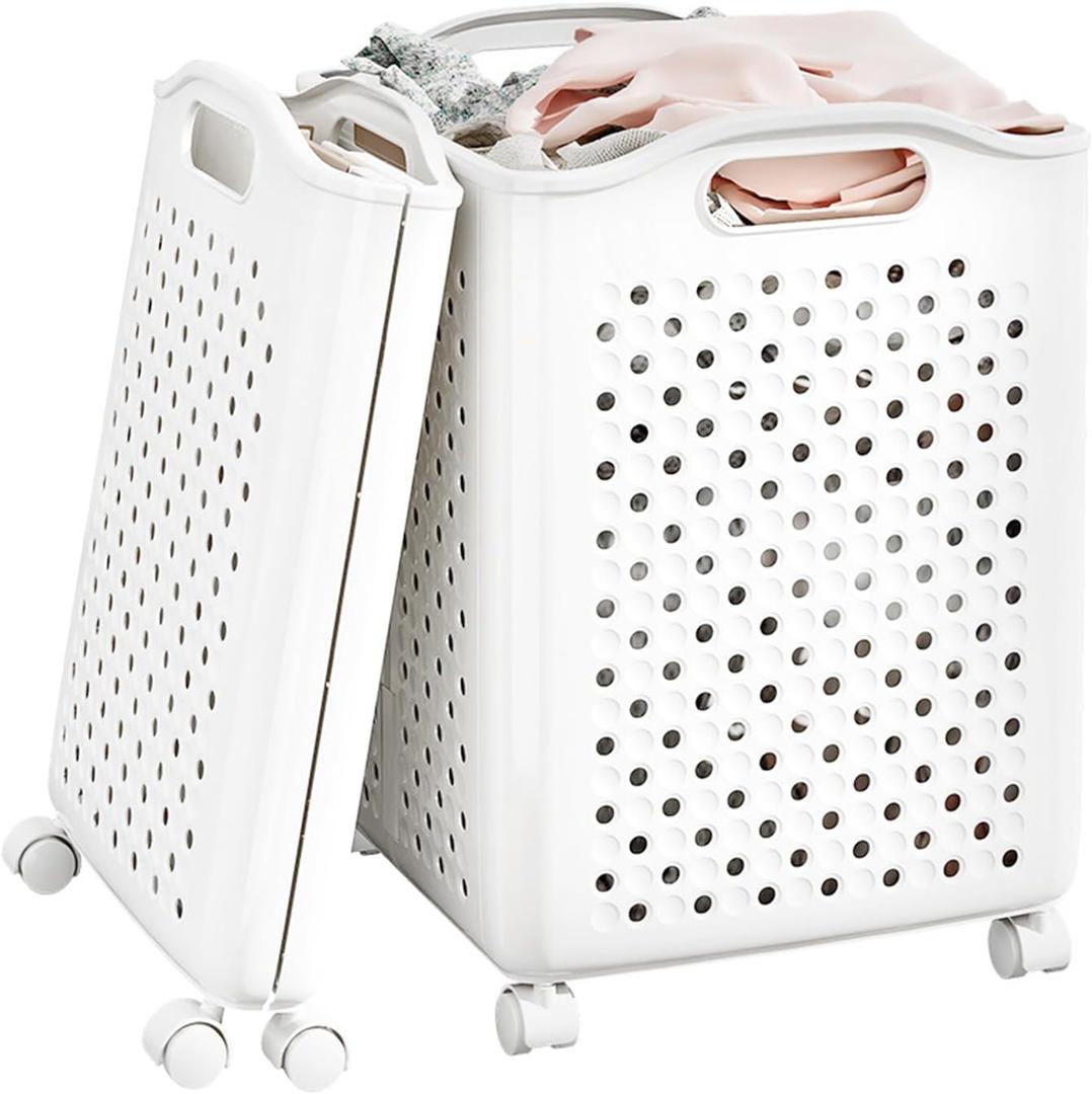 57L Collapsible Laundry Basket with Wheels, Laundry Basket Collapsible, Foldable Laundry Baskets with Handles, Dirty Clothes Hamper for Dorm, Bedroom and Bathroom (Pearl White)