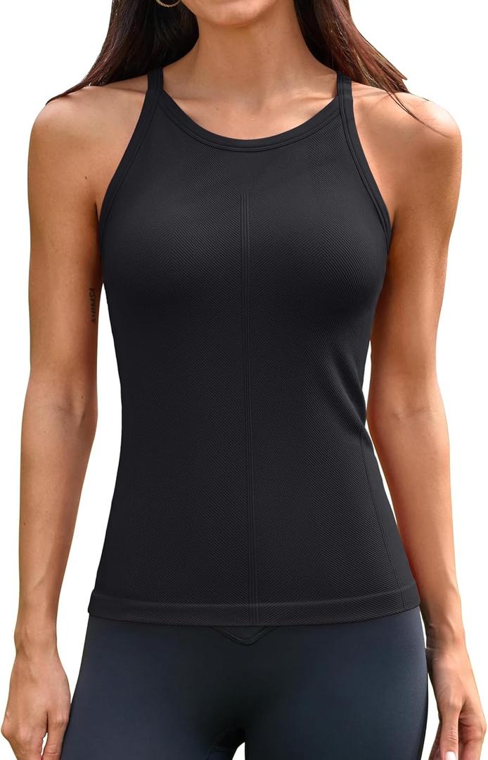 ATTRACO Women Workout Tank Tops with Built in Bra Crew Neck Basic Ribbed Tank Top Racerback Athletic Camisole Seamless (Small, Black)