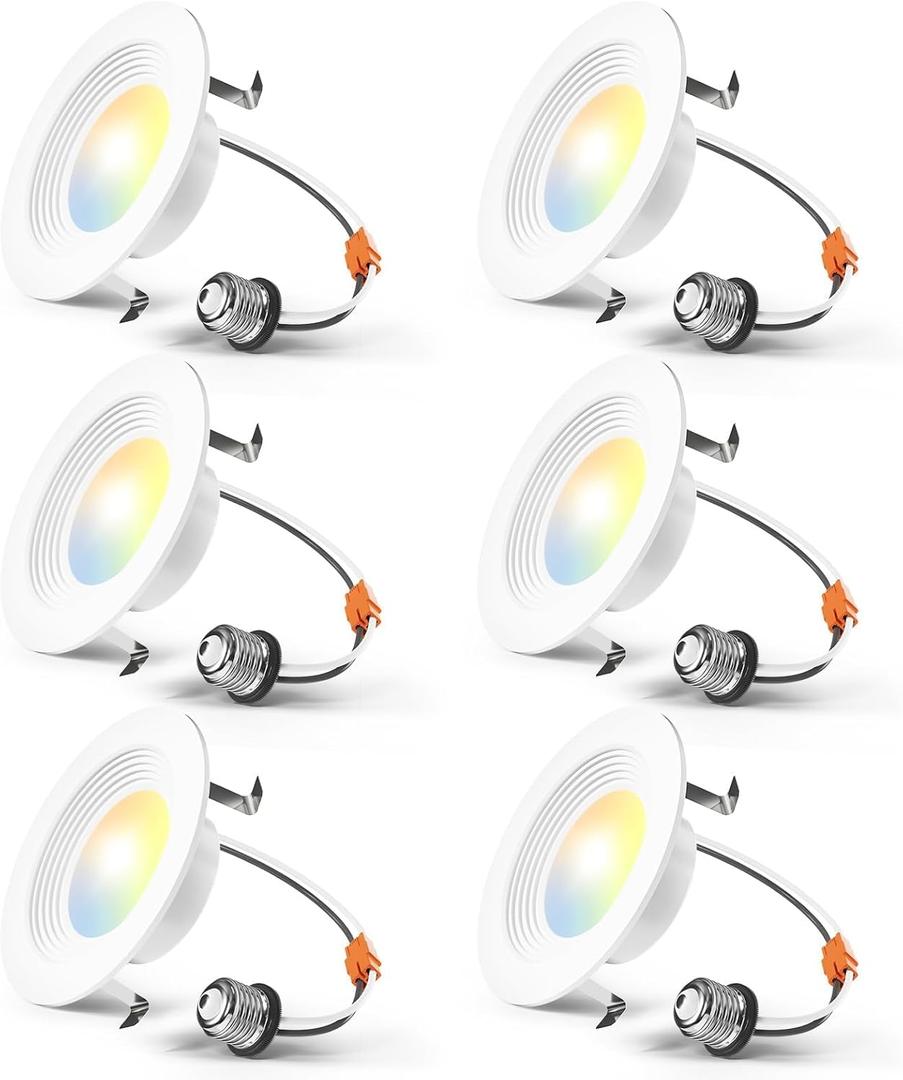 Amico 4 Inch 5CCT LED Recessed Lighting 6 Pack, Dimmable, IC Rated, 8.5W=60W, 650LM Can Lights with Baffle Trim, 2700K/3000K/4000K/5000K/6000K Selectable, Retrofit Installation, ETL & FCC