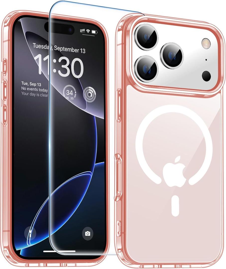 for iPhone 17 Pro Case with Screen Protector,[Compatible with Magsafe] Military-Grade Protection & Anti-Yellowing,Magnetic Phone Case for iPhone 17 Pro,Pink