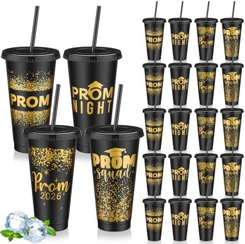SiliFine 24 Set Graduation Prom 2026 Plastic Cups, 24oz Reusable Prom Plastic Tumblers Cup with Lids and Straws Graduation Party Dinnerware Supplies Bulk for Cold Drink (Black Gold)