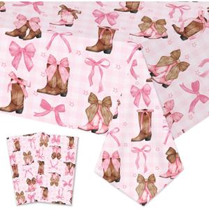 Coquette Bow Cowgirl Tablecloth 2PCS Western Cowgirl Birthday Party Supplies Pink Bowknot Boots Rodeo Bachelorette Party Table Cover for Wild West Baby Shower Decor