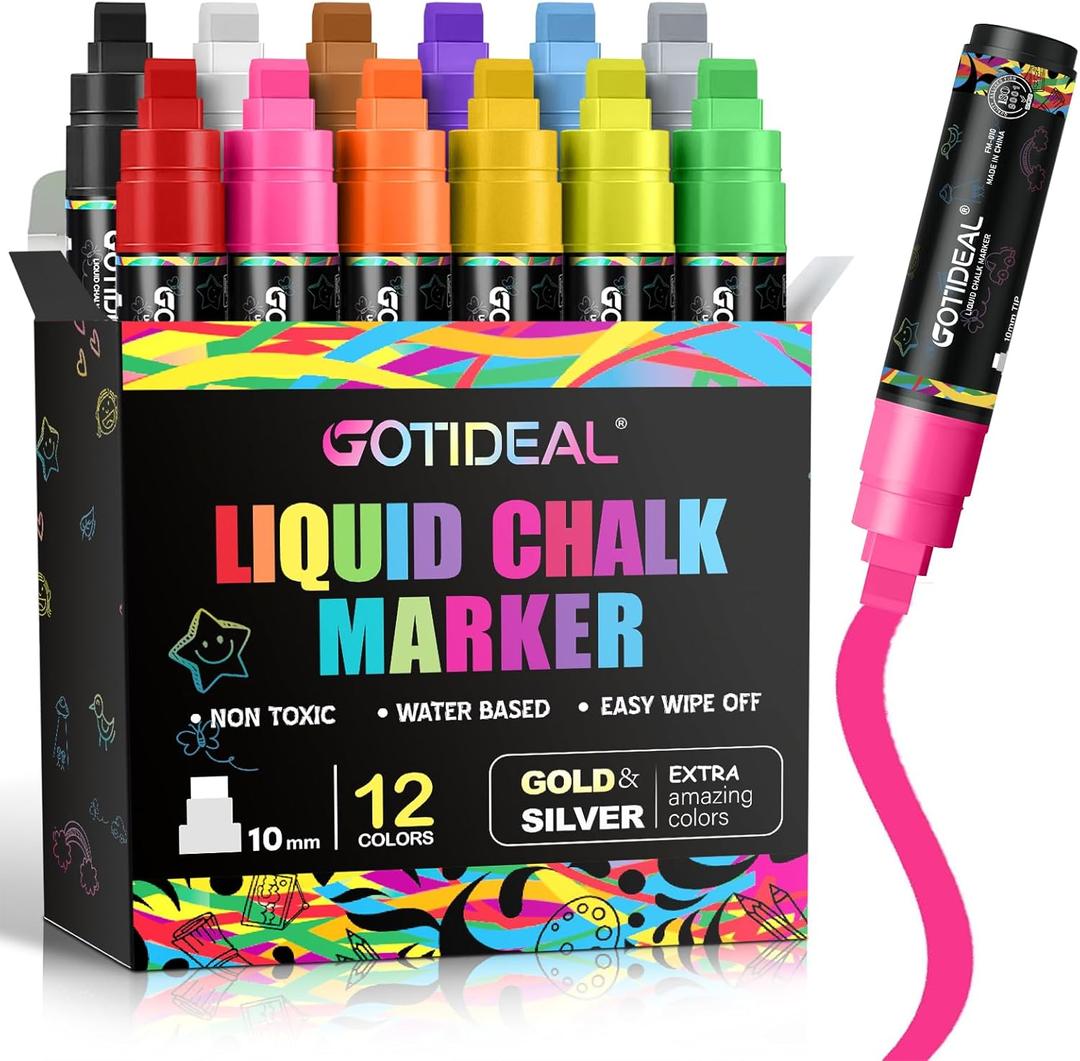 GOTIDEAL Window Markers, Jumbo Chalk Markers for Blackboard, Washable Car Markers for Chalkboard Glass Mirrow,10mm Thick Tip12 Colors With Metallic Colors