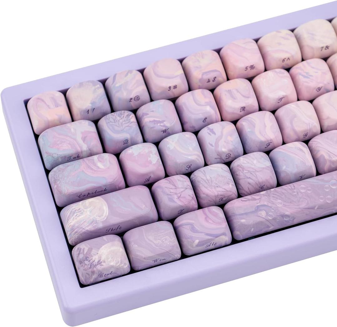 136 Keys Purple MOA Profile Keycap Set, Dye Sub Thick PBT Keycap Round, Custom Side Print Key Cap Wave Texture, Aesthetic Key Cap for ANSI Layout Mechanical Gaming Keyboard