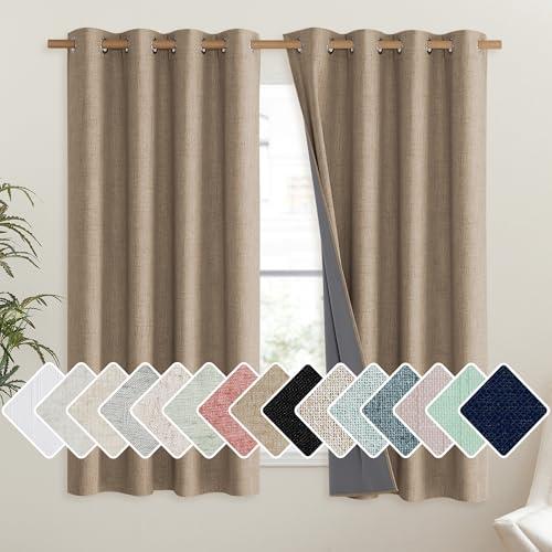 Vintage Open Linen Weave Flax Thermal Curtains, Curtains 48" Long for Dining Room, Soundproof Window Treatment Drapes for Hall Room, 62" Wide Per Panel, Set of 2