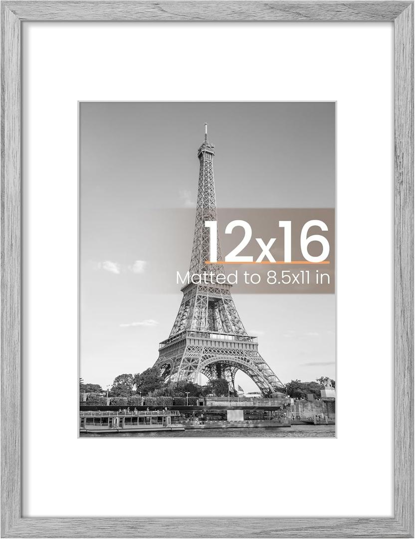 upsimples 12x16 Picture Frame, Display Pictures 8.5x11 with Mat or 12 x 16 Without, Wall Hanging Poster Frames, Gray, 1 Pack