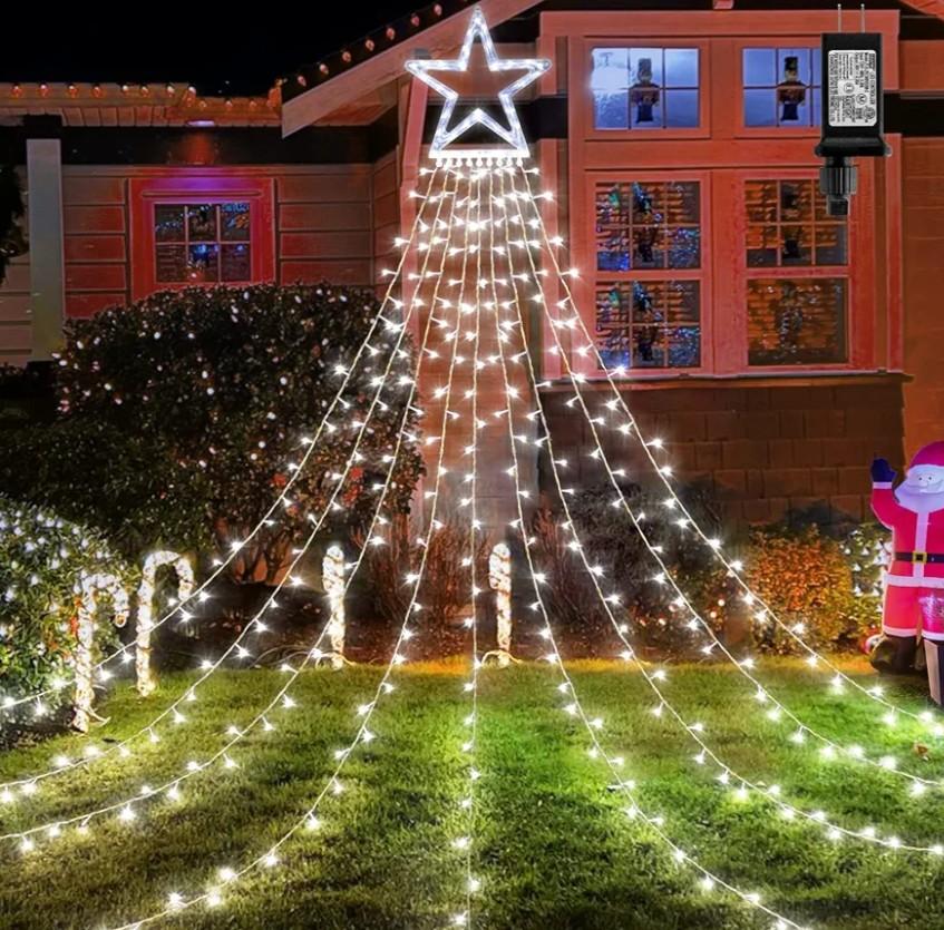 BlcTec Outdoor Christmas Lights 317 LED Christmas Star Lights with 9 Strands 11.9ft Waterfall Tree Lights, 8 Modes, Waterproof & Timer for Garden Yard Patio Outdoor Xmas Decorations, Cool White