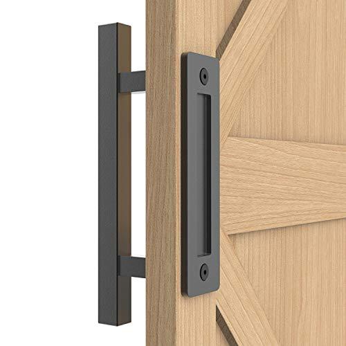 SANKEYTEW 12" Sliding Barn Door Handle Pull and Flush Hardware Set, for Barn Door Gates Garages Sheds, Rustic Style, Black Square