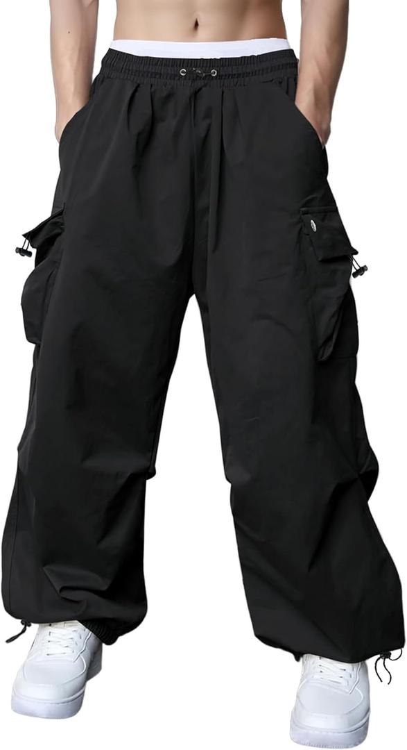 Susclude Parachute Cargo Pants for Men Loose Fit Baggy Sweatpants Casual Pant with Pocket Outdoor Drawstring Trousers 2025 (Small, Black)
