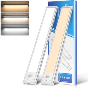 Ascher 15.2inch Under Cabinet Lights, 3000mAh Rechargeable Motion Sensor Light indoor, 3 Color Temperatures & Stepless Dimmable Closet Lights, Magnetic Under Counter Light for Kitchen, Silver - 2 Pack