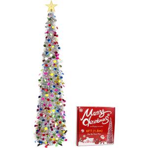 6ft Collapsible Artificial Christmas Tree, Silver Pop Up Christmas Tinsel Tree, Shiny Colorful Circle Sequin Pencil Xmas Tree for Holiday Party Decorations Indoor Outdoor, with Bottom Stand (Sliver)
