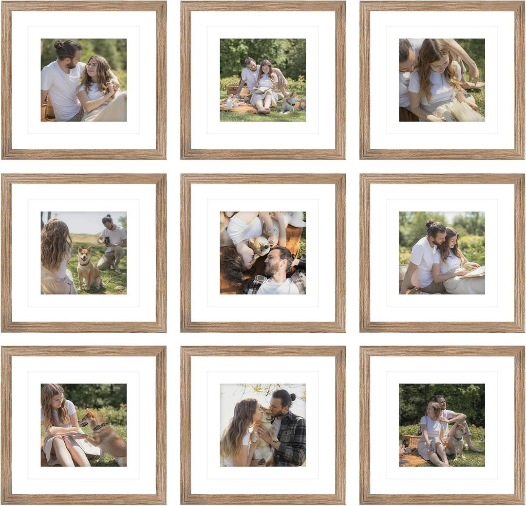 9 Packs 12x12 Picture Frame Gallery Wall Frame Set for 8x8 or 10x10 with 2 Mats or 12x12 Without Mat, Square Collage Wall Decor Photo Frames Bulk Set of 9 for Wall Hanging, Rustic Brown