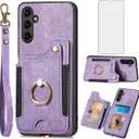 Asuwish Phone Case for Samsung Galaxy A34 5G Wallet Cover with Tempered Glass Screen Protector and Wrist Strap Lanyard RFID Credit Card Holder Ring Stand Cell Accessories A 34 34A Women Men Purple