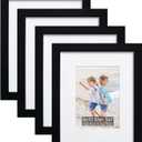 8x10 Wooden Picture Frame Set of 4 (with 5x7 Mat), Solid Wood with Real HD Glass, for Tabletop or Wall Mount, Home Office Photo Frames Collage Wall Dcor, Black