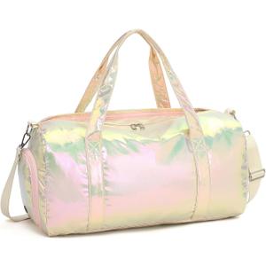 LEDAOU Gym Bag Sports Duffle Bags with Wet Pocket Weekender Overnight Bag with Shoe Compartment and Air Hole for Girls Kids Women Foldable Travel Bags (Metallic Champagne Gold)