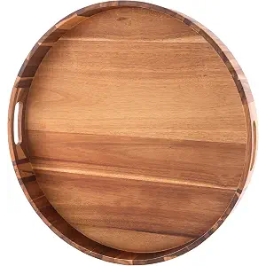 Extra Large 22INCH Premium Acacia Wood Tray Round Ottoman Tray with Handles Wooden Serving Tray Multi-Use for Dinner Breakfast in Bed Coffee Table Snack Entertaining Guests
