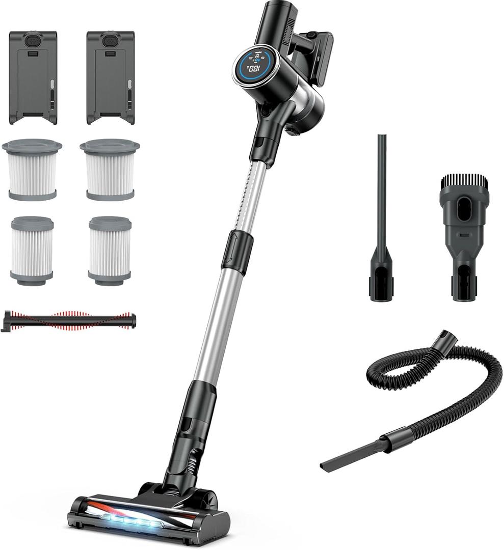 Cordless Vacuum Cleaner with 2 Batteries, 450W 35Kpa Lightweight Stick Vacuum, Vacuum Cleaner with LED Display, Brushless Motor, Anti-Tangle, Black (Gray)