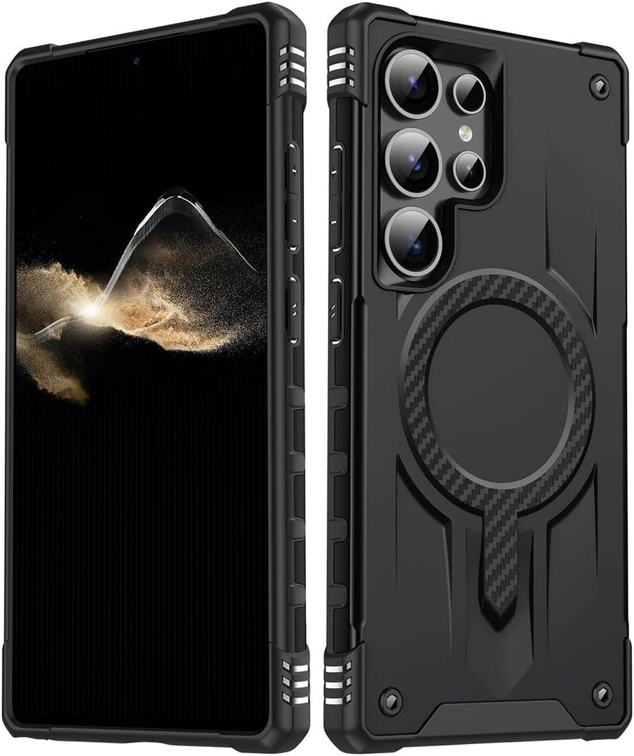 for Samsung Galaxy S23 Ultra Case -Shock Military-Grade Rugged Phone, Slim,Scratch-Resistant, Precise Cutouts,Mag netic,Anti-Slip Grip,Durability,Protective Covers,Black (Leather Light Back)