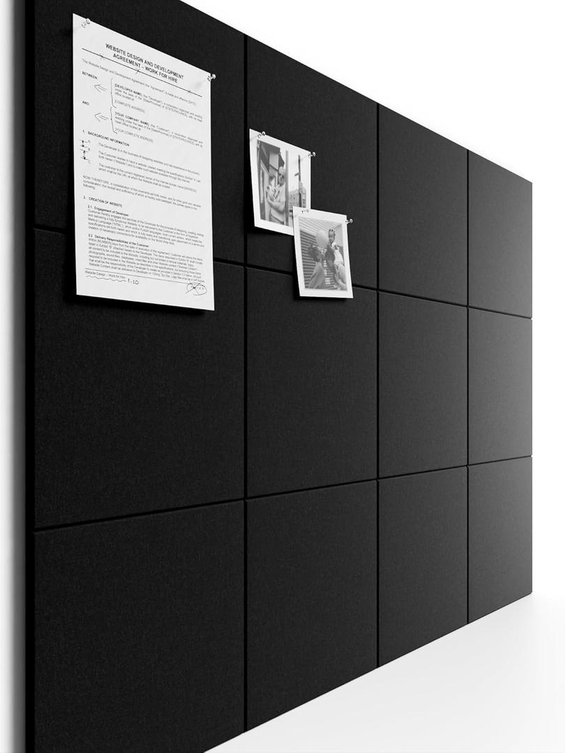 Bumusty Large Cork Board 47"x35" Alternative - 12 Pack Felt Wall Tiles with 70 Safe Removable Adhesive Tabs, 30 Pushpins, Cork Boards for Walls Pin Board Bulletin Board Office Decor (Black)