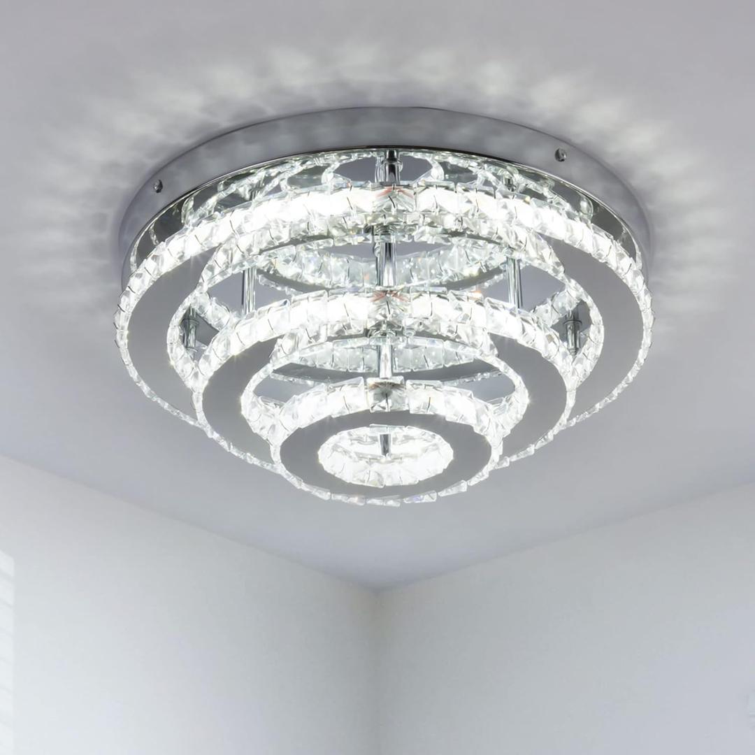 Modern Crystal Chandelier LED 3 Tier Crystal Ceiling Lights Flush Mount Chandeliers for Bedrooms Dining Room Living Room,Dia 13.8",Cool White,42 W