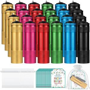 Hortsun 24 Set 9 LED Mini Flashlight Operation Christmas Bulk Items Plastic Handheld Flashlights with Lanyard Wish Cards and Organza Bags for Christmas Box Emergency Charity Gift(Battery Not Included)