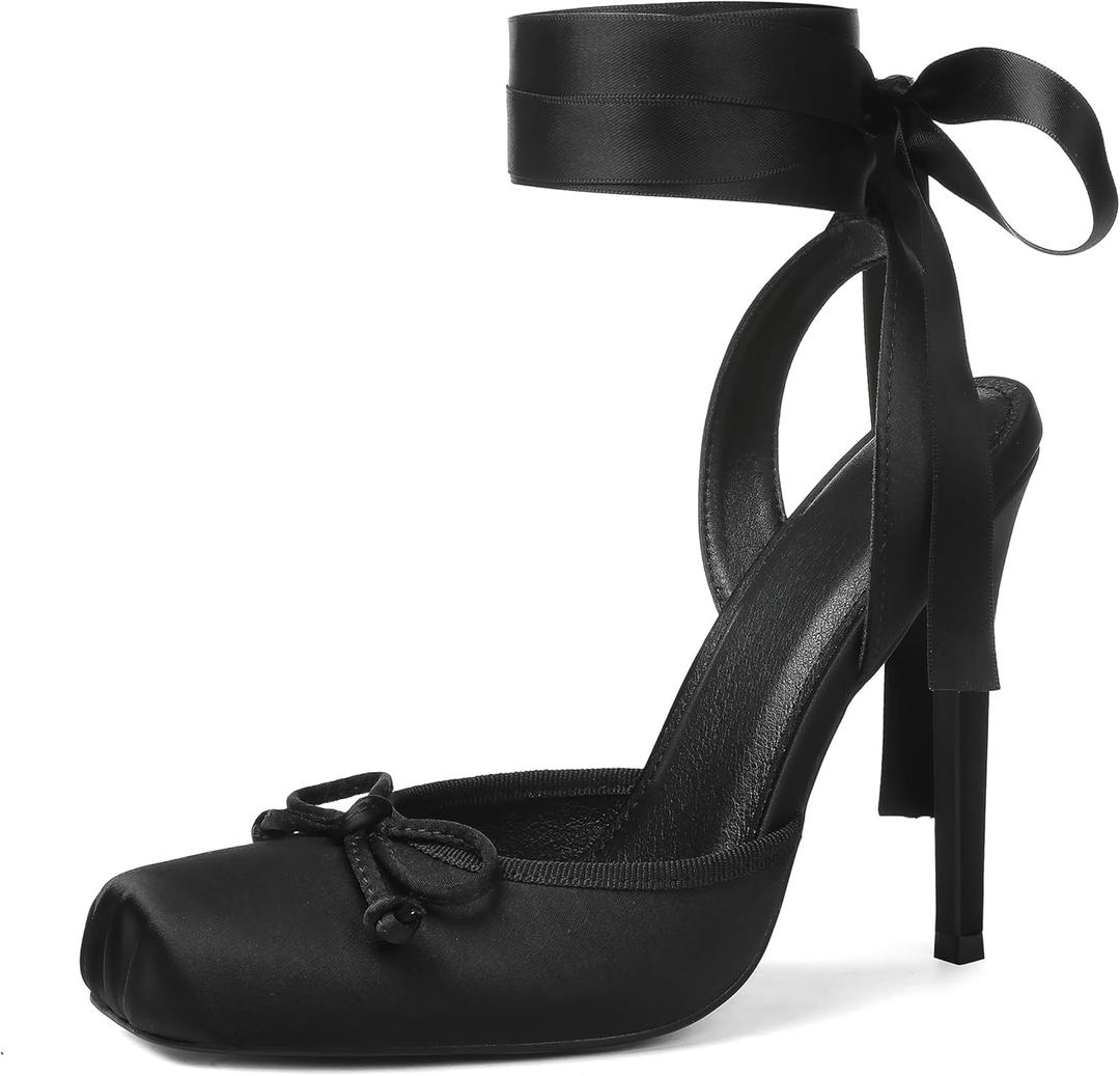 Celbreez Ballet Heels Satin Stiletto Heels for Women Close Square Toe Sling back Bow Lace Up High Nude Heel Women's Pumps Strappy Mary Jane Ballerina Heel Party Wedding Cute Shoes (8, Black)