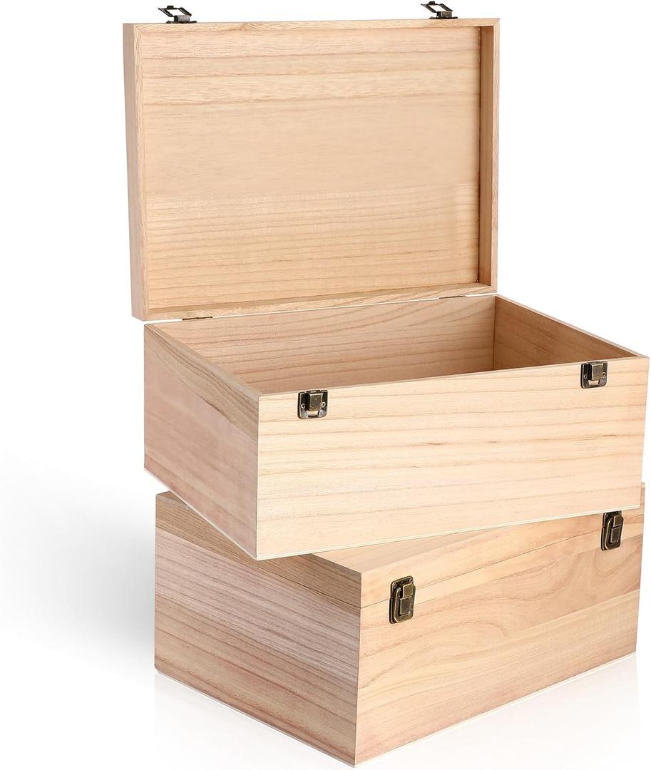 Wesiti 2 Pcs Unfinished Wooden Box 14 x 10 x 6.5 Inch Treasure Chest Craft Box with Hinged Lid Rustic Large Paint Box Stash Crate for Storage Carving DIY Gift