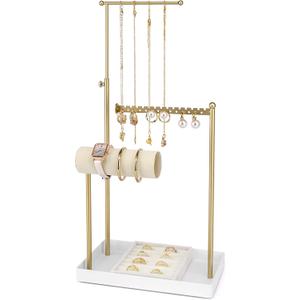 Jenseits Jewelry Organizer Stand with Ring Holder - 3-Tier Gold Jewelry Holder Tower with Velvet Tray, Necklace Holder, Bracelet & Earring Display Stand for Women, Gift for Her