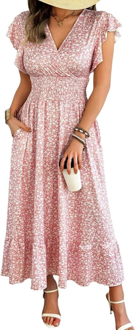 Womens Maxi Floral Dress - Flutter Short Sleeve Wrap V-Neck Flowing A-Line Summer Dress with Smocked Waist and Pocket (Medium)