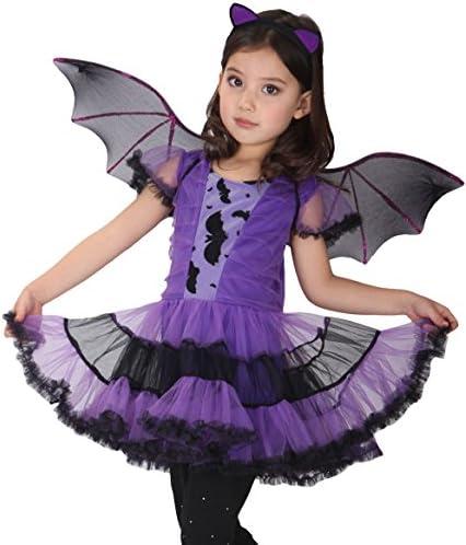 Girls Bat Witch Costume for Kids Halloween Cosplay Fancy Dress up Purple Princess Tutu Dress with Headban and Wings Carnival