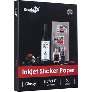 (50 Sheets) Koala Glossy Sticker Paper for Inkjet Printer, Printable Sticker Paper White, 8.5x11 Inch Self-Adhesive Photo Sticker Printer Paper