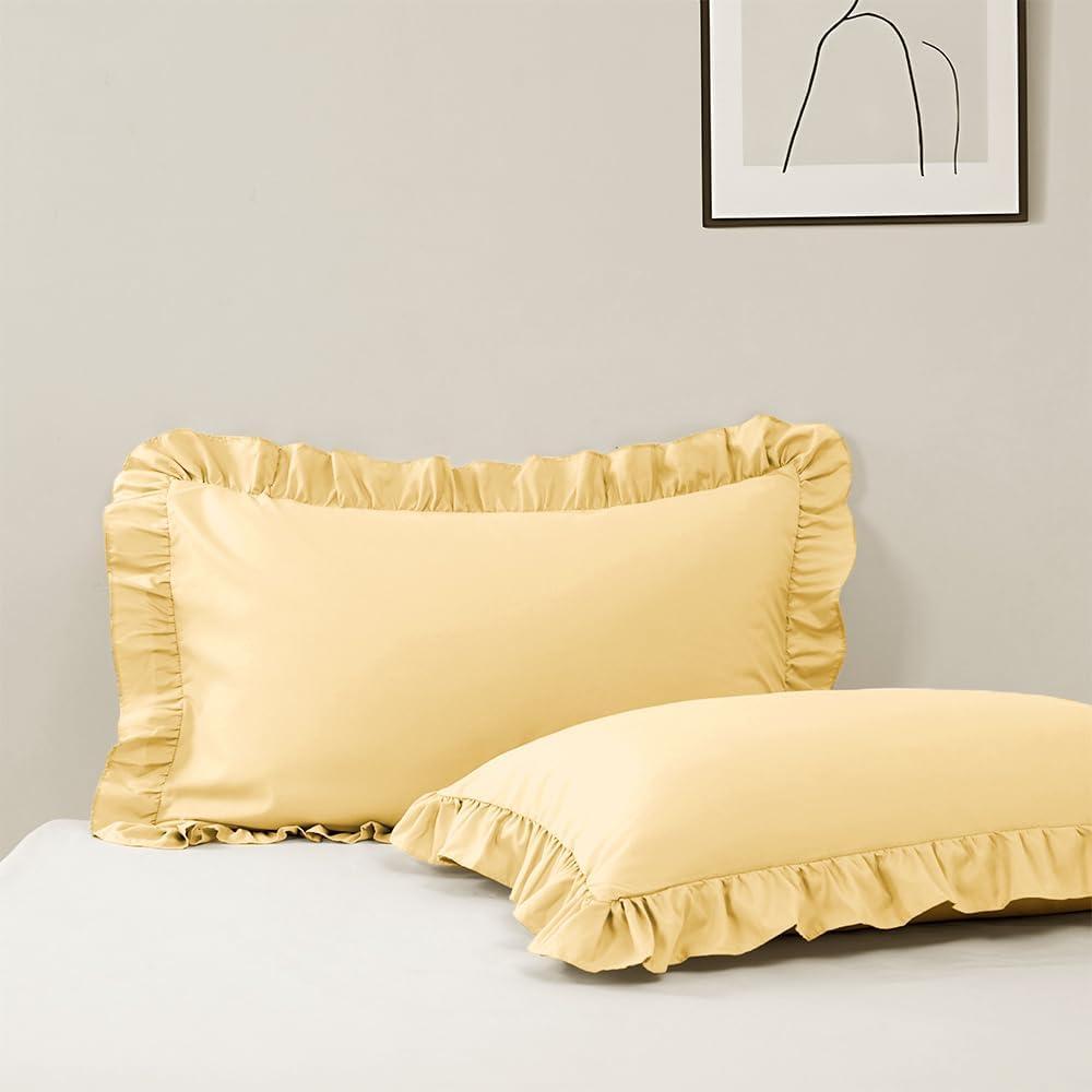 2 Pack King Size Pillow Cases, 20''x36'' Microfiber Gold Ruffled Pillow Shams, Soft Breathable and Non Shrinking Envelope Scalloped Pillowcases