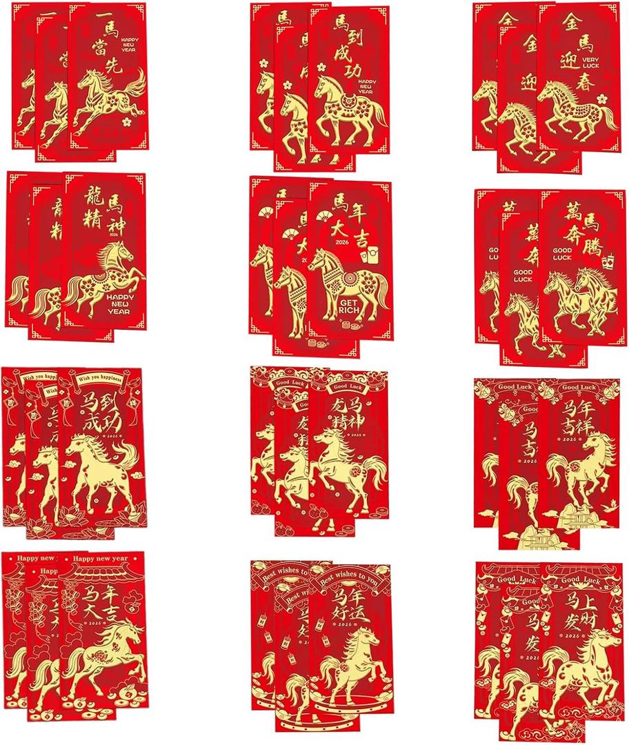 36 Pcs Chinese Red Envelope for 2026, New Year Horse Year Red Envelopes Chinese,Lunar New Year Envelopes for Good Luck Spring Festival Party