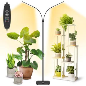 Vsoke Plant Grow Light Dual Head, 40W Indoor Growing Lights,144LEDs Full Spectrum Wide Illumination Area, 63IN Adjustable Height Stand, 10 Dimmable, 3/9/12H Auto Timer, Floor Lamp for Plants Growth