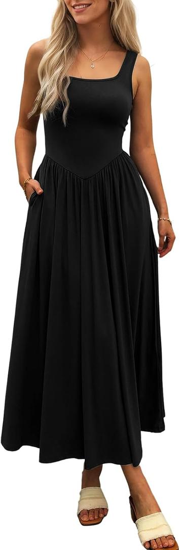 Women's Summer Maxi Dress 2026 - Sleeveless Square Neck Casual Beach Sundress with Pockets, Flowy Patchwork Knit (Black)