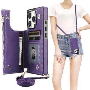 Bocasal Crossbody Wallet Case for iPhone 16 Pro with RFID Blocking Card Slot Holder, Magnetic Flip Folio Purse Case, PU Leather Zipper Handbag with Detachable Lanyard Strap 6.3 Inch 5G (Purple)