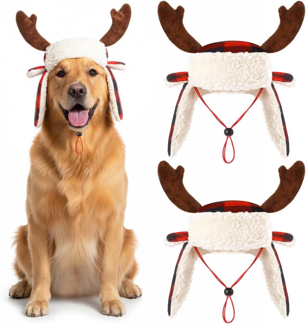 2 Pcs Christmas Antler Check Dog Santa Hat Adjustable Pet Red Plaid Pet Cap Xmas Antler Dog Hats for Small Medium Large Dogs(M)