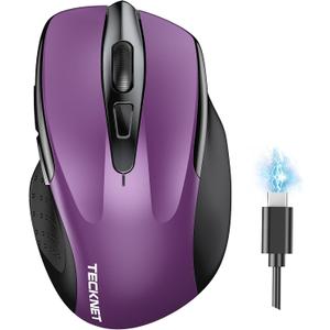 TECKNET Wireless Mouse (BT5.0/3.0 & 2.4G) Rechargeable 4800 DPI Silent USB A & Bluetooth Mouse 6 Buttons, Wide Compatibility - Purple